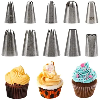 Spritztüllen, 10 Stück Edelstahl Blumengras Spritztüllen, große Kuchendekorationsspitzen Backwerkzeuge für Sahne, Cupcakes, Keksea