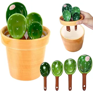 Keramik Cactus Messlöffel Set im Topforganizer, 5 Stück Cup Messbecher Set mit Meßlineal, Cup Messbecher Klein Löffel Set mit Skala,Süße Cactus Measuring Cups Für Trockene Flüssige Zutaten Salz Zucker