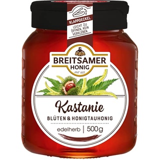 Breitsamer Honig Kastanie edel 500g - Flüssiger Kastanienhonig, herb würzig im Geschmack mit praktischem Klappdeckel (1 x 500g)