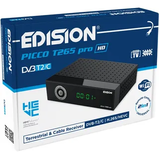 EDISION Picco T265 pro HD Terrestrischer & Kabel Receiver DVB-T2/C H.265 HEVC FTA Full HD, PVR, USB, HDMI, SCART, S/PDIF, IR-Auge, USB WiFi Support, Universal 2in1 Fernbedieung, 2in1 Netzteil