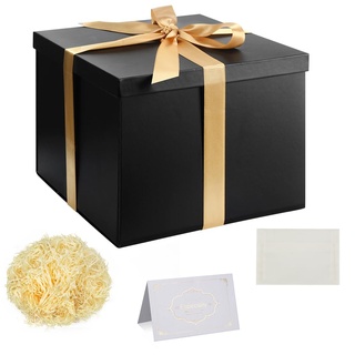 Geschenkbox Set, Schwarz Geschenkbox mit Deckel Tiefe Geschenkbox mit Schleife 23x23x18cm Geschenkbox zerrissenes Seidenpapier Grußkarten für Weihnachten Geburtstag Hochzeitstag