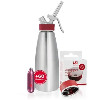 iSi Sahnesyphon Gourmet Whip 1L + 60 Kapseln + Verschlusskappe, Edelstahl, (Spar-Set, 62-tlg) Mit 60 Sahnekapseln, Für kalte und warme Gerichte, Viele Anwendungen silberfarben