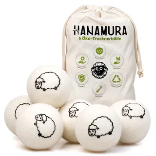 Hanamura Trocknerbälle für Wäschetrockner - 6er-Satz aus 100% neuseeländischer Schafwolle, XXL ökologische trocknerbälle daunen - Weichspüler für Weiche & Flauschige Wasche - Mit Aufbewahrungstasche