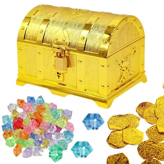 SZSMW 121 Satz Schatztruhe Kinder - GoldmüNzen Kinder - Perfekt FüR Piratendekorationen Zum Geburtstagen FüR (Schatzkasten,20 GoldmüNzen,100 Edelsteine)