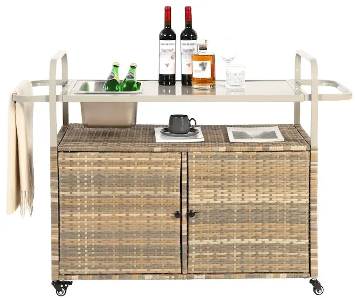 Merax Servierwagen Outdoor mit Eisbehälter, PE-Rattan Barwagen mit Schrank & Stahlplatte, Garten Bar Tisch auf Rollen, mit Handtuchhalter, Beige