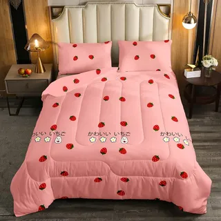 Loussiesd Mädchen Erdbeere Bettdecke 135x200cm Kinder Kkawaii Zimmer Dekor 4-Jahreszeiten Bettdecke für Baby Mädchen Jugendliche Rosa Tropisch Frucht Steppbett Damen Süss Erdbeere Tochter