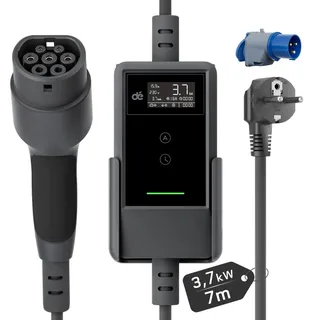 dé Ladekabel Elektroauto Typ 2 Schuko 3,7kW [7m, 6-16A] EV Charger Mit Kabelhalter und digitalem LCD - EV Ladegerät für e Auto Model 3/Y, ID.3/4/5, MG4, Q4, GLA, Zoe und Anderen PHEV/EV