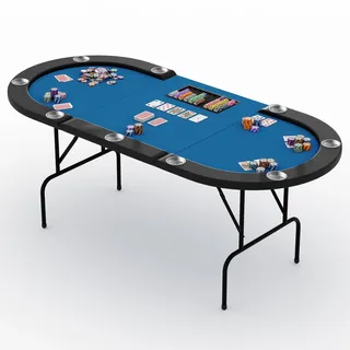 Garvee Pokertisch klappbar für 8-10 Personen, Ovaler Casino Spieltisch mit Blauem Filz, 9 Edelstahl Getränkehalter & Chip-Tablett, Gepolsterte Armlehne, Texas Hold'em, 207x106x75cm