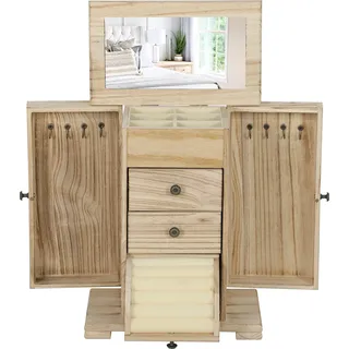 HOMCOM Schmuckkästchen Holz Schmuckschatulle mit 4 Ebenen Schmuckkasten mit Spiegel, Schubladen und seitlichen Klapptüren, Schmuckbox für Ringe, Ohrringe Braun   Aosom