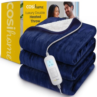 Cosi Home Heizdecke 200 x 150 cm - Elektrische Wärmedecke mit Abschaltautomatik, Überhitzungsschutz, Waschbar, Kuscheliges Sherpa & Fleece, 10 Heizstufen mit digitaler Fernbedienung - Navy