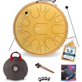 sonodrum Zungentrommel "Premium" C - Dur in Gold - 35 cm groß mit 15 Tönen - Steel Tongue Drum inkl. Liederbuch, Schlägel, Fingersticks und Tragetasche - Notenlesen nicht nötig, einfach zu spielen.