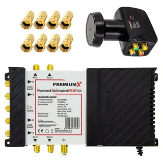 PremiumX Multischalter Set 5/4 Multiswitch Quattro LNB 8x F-Stecker, Satverteiler 1 SAT für 4 Teilnehmer HDTV FullHD 4K UHD 8K