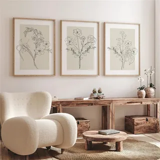 Ueiwffzo 3er Poster Set Bilder Wohnzimmer, Beige Minimalistische Blumen Wandbilder ohne Rahmen, Boho Deko Posters Wanddeko für Wohnzimmer Schlafzimmer (50 x 70 cm)