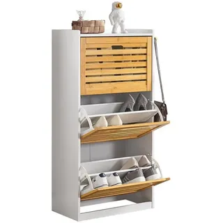 SoBuy Schuhschrank mit 3 Klappen Schuhregal mit 2 Hacken Schuhkipper mit 6 Ablageflächen Schuhkommode Schuhablage Natur bht ca.: 55x112x30cm