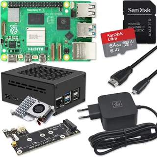 Raspberry Pi 5 4GB PCIe M.2 NVMe - Kit | Metallgehäuse | Active Cooler | M.2 NVMe SSD PCIe Board | USB-C 27W Netzteil | Ultra 64GB SD Karte | 4K Micro HDMI Kabel