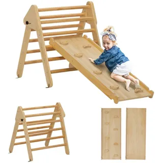 aiyaplay 2 in 1 Klettergerüst Set mit Rutsche, Kletterdreieck zum Rutschen und Klettern, Kletterspielzeug aus Holz, für Kinder 1,5-4 Jahre, Indoor,