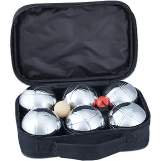 Relaxdays Boule Set Metall, 6 Kugeln aus Zielkugel & Abstandsmesser, Petanque mit Tragetasche, silber/schwarz