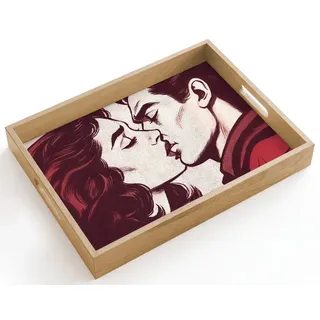 OnlyWow Tablett Rechteckig mit Henkel Kissen - Menschen - Retro - Bordeaux, Eichenholz, (1-tlg), Siervierplatte, Tray, Frühstücksbrett 40 cm x 30 cm x 5 cm