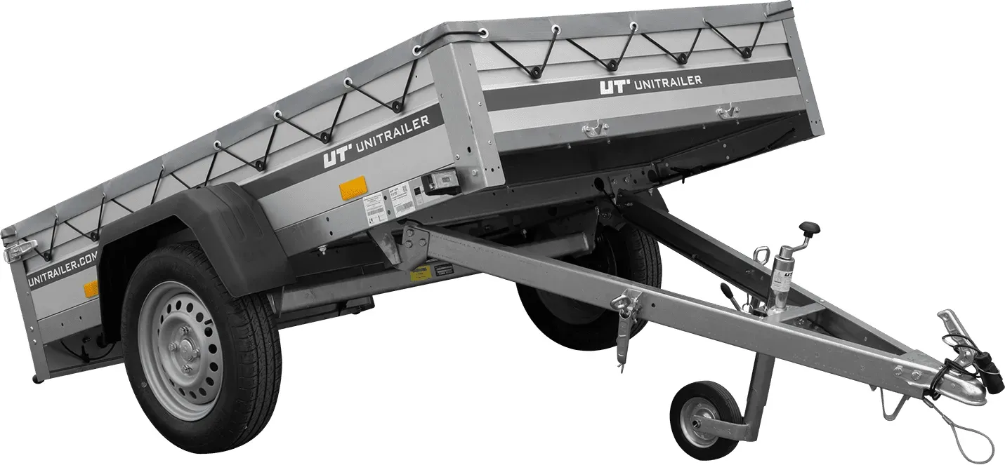 PKW-Anhänger mit ALU-Bordwänden 200x125 Unitrailer Garden 201 KIPP ALU mit H-0-Rahmen und grauer Plane