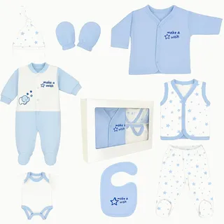 Blue Eyes Neugeborenen Baby Geschenk Set 100% natürliche Baumwolle Erstausstattung Ausstattung Jungen Kleidung Geschenkset Babyausstattung für Babys 0-4 Monate 8 teilig (Stern-Blau)