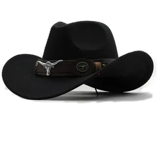 Westernhut Cowboyhut Rollkrempe Cowgirl Cap Cowboy Jazz Fedora Hut Filzmütze mit Kuhband für Damen Herren Kinder, Schwarz , Kids 52-54cm - Kids 52-54cm