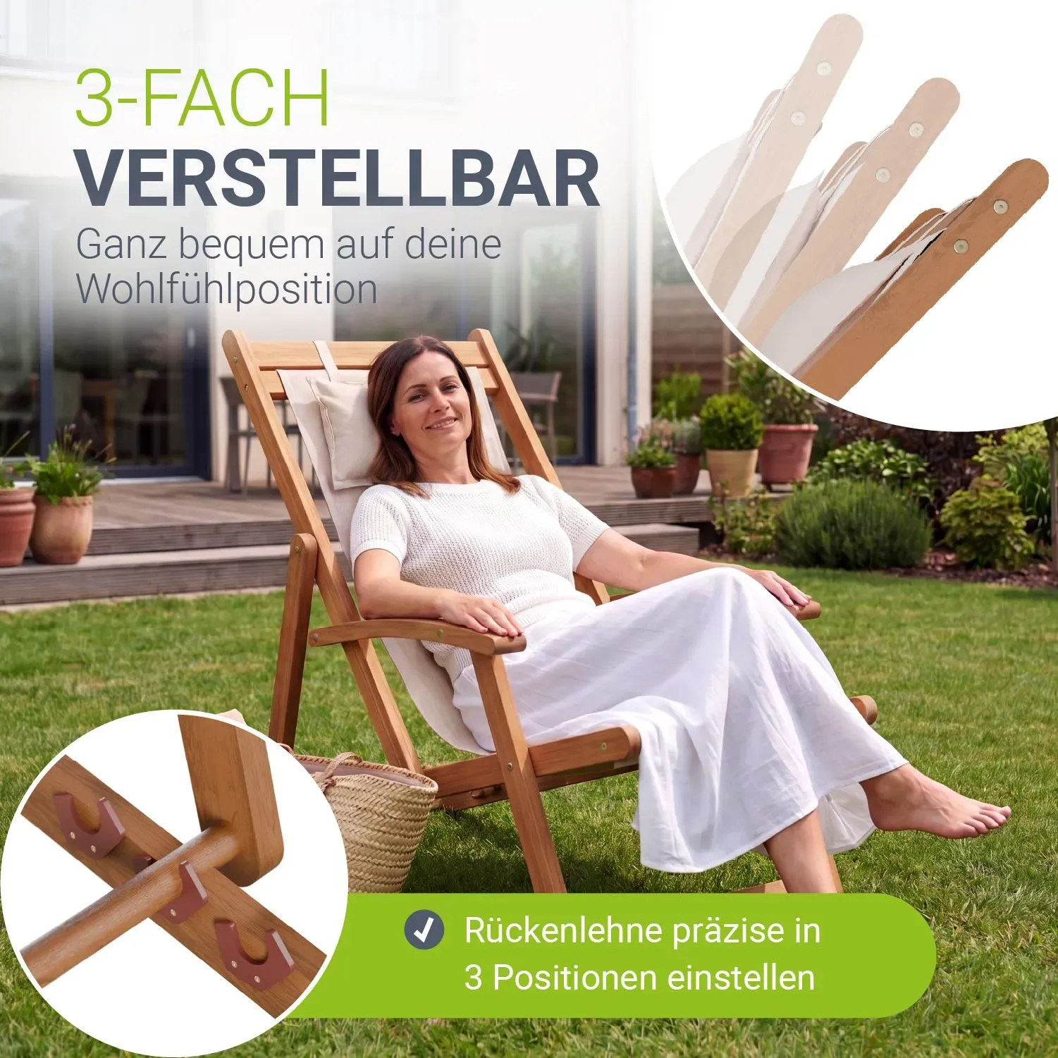 JUSKYS® Sonnenliege Tavira - Creme, Akazienholz Liege mit UV-beständigem Polyesterbezug, verstellbare Komfortposition, klappbar