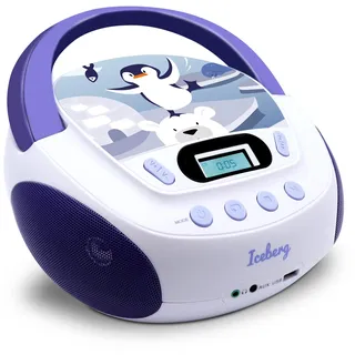mooov 477179 CD Player für Kinder mit Lautsprechern, USB, Kopfhöreranschluss, AUX-IN-Port - Boombox CD Spieler Tragbar - Netzbetrieb oder Batterien - Modell Iceberg - Blau/Weiß