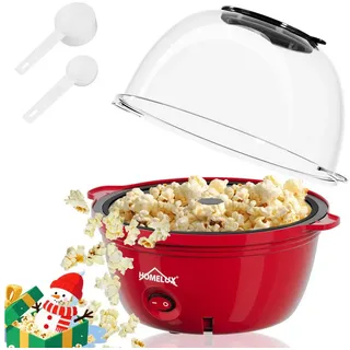 Homelux Popcornmaschine Popcorn Maker 450W Mini Popcorn Maschine mit Messlöffel Antihaftbeschichtung Snack Popper für Zuhause Party Kinder, Deckel als Servierschale, Stille & Schnelle Rot