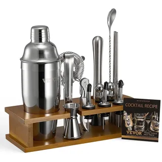 Vevor Cocktail Shaker Set, 18-teiliges Bar-Werkzeugset aus Edelstahl mit Bambusständer, Martini-Barkeeper-Set | Mixerlöffel Stößel Messbecher Sieb Schnapsausgießer Eiszange Korkenzieher, Silber