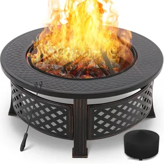 TLSUNNY Runde Feuerschale für den Garten 80,5cm, Outdoor Feuerschale multifunktional, Feuerstelle mit funkenschutz, Grillrost, Schürhaken, Wetterfeste groß für BBQ, Heizung, Terrasse, Lagerfeuer