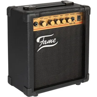 Fame MA-15 Transistor Combo Verstärker für E-Gitarre, 15 Watt, 1x6,5 Zoll Lautsprecher, 3-Band Equalizer, Overdrive-Sounds Boost-Schalter, Kopfhöreranschluss, Ideal für Unterricht und Bandproben