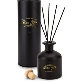 Römer Wellness Geschenkartikel: ROMOSCENT Raumduft Golden Cotton, 100 ml & 5 Stäbchen, Duft nach frischer Baumwolle, schwarz-mattiertes Glas mit Geschenkrolle, für ca. 20-25 m2; ca. 6.5 x 6.5 x 8.4 cm