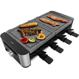 Cecotec Raclette Cheese&Grill 16000 Inox AllStone, 8 Personen, 1400 W Grill, einstellbares Thermostat, gemischte Grill- und Grillfläche 40 x 22 cm, Natursteinplatte, inklusive 8 Pfannen und 8 Spatel.