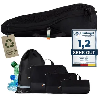 Travel Dude Packwürfel Set mit Kompression aus recycelten Plastikflaschen | Leichte Packing Cubes | Packtaschen Set für Rucksack & Koffer (Schwarz, 4-teiliges Set)