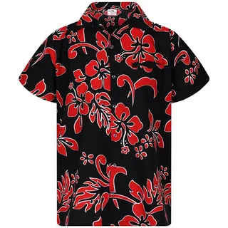 King Kameha Hawaiihemd "Hibiscus" Funky Hawaii-Hemd Herren Kurzarm Front-Tasche Stylish rot|schwarz M
