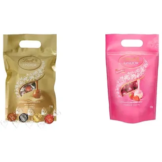 Lindt LINDOR Schokoladen Kugeln Klassische Mischung & LINDOR Schokoladen Kugeln Erdbeer-Sahne | 1 kg Beutel, wiederverschließbar | ca. 80 Schokoladen Kugeln weiße Schokolade mit Erdbeer-Sahnecrème