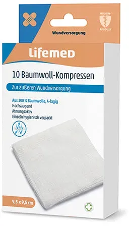 Lifemed Baumwoll-Kompressen 9,5 cm x 9,5 cm weiß 4-lagig 10er Pack 96 x 10 Stück = 960 Stück