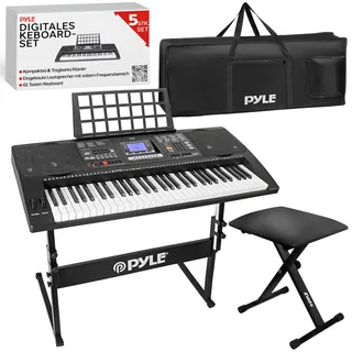 Pyle Keyboard Piano, E-Piano 61 Tasten – Set mit Ständer & Hocker, LED-Display, USB- & Kopfhöreranschluss, Notenständer & Tragetasche – Ideal für Anfänger & Kinder