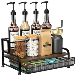 Kaffee Sirup Regal Organizer mit 8 Flaschen, 3-Stöckiges Kaffee Sirup Ständer mit Schubladen für 35 Kaffeekapseln, Kaffee Halter für Sirup, Wein, Gewürz, Tee, Kaffee Bar Zubehör für Küche, Café