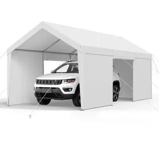 Vevor Carport, 3,65x6,09x3,02 m Autoüberdachung, Zeltgarage mit abnehmbaren Seitenwänden & Tür, Autounterstand, UV-beständig und wasserabweisend, Ganzjahresschutz für Auto und Boot, weiß
