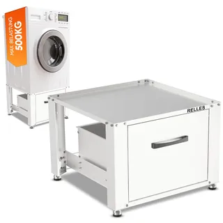 RELLES Waschmaschinen Untergestell mit Schublade, 500 kg Tragkraft, Unterbau aus Stahl, 62x62x46 cm (LxBxH), Podest für Waschmaschine und Trockner, Unter Schrank Erhöhung, Höhenverstellbare Füße