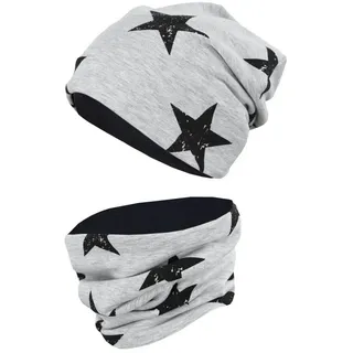 TupTam Unisex Kinder Beanie Mütze Schlauchschal Set, Farbe: Sterne Schwarz/Grau Meliert, Größe: 54-56 - 54-56
