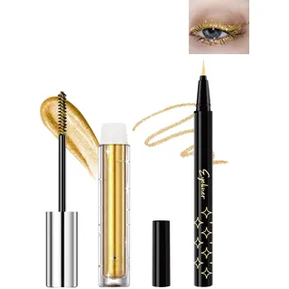 Gold Glitter Flüssige Wimperntusche & Eyeliner Set, Long Thick & Volume Lash Mascara, Glitzer Eyeliner, Wasserfest und Langlebig, Shimmer Highlight Metallic Augen Makeup Set für Frauen-02# Gold