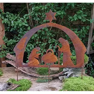 terracotta-toepfe-de Krippe ca. 40 cm breit aus Metall in Edelrost zum Stecken Rost Weihnachten Deko Advent Maria und Josef Geburt Stern Bethlehem Glaube Kirche Blumenkastenstecker