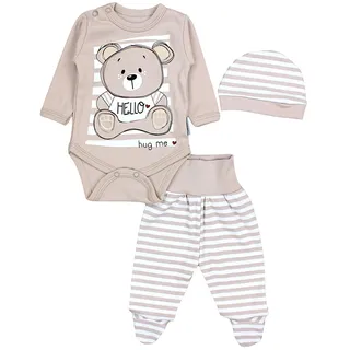TupTam Baby Mädchen Jungen Bekleidungsset Langarmbody Hose Mütze mit Aufdruck Spruch 3 teilig, Farbe: Teddybär Beige, Größe: 74 - 74