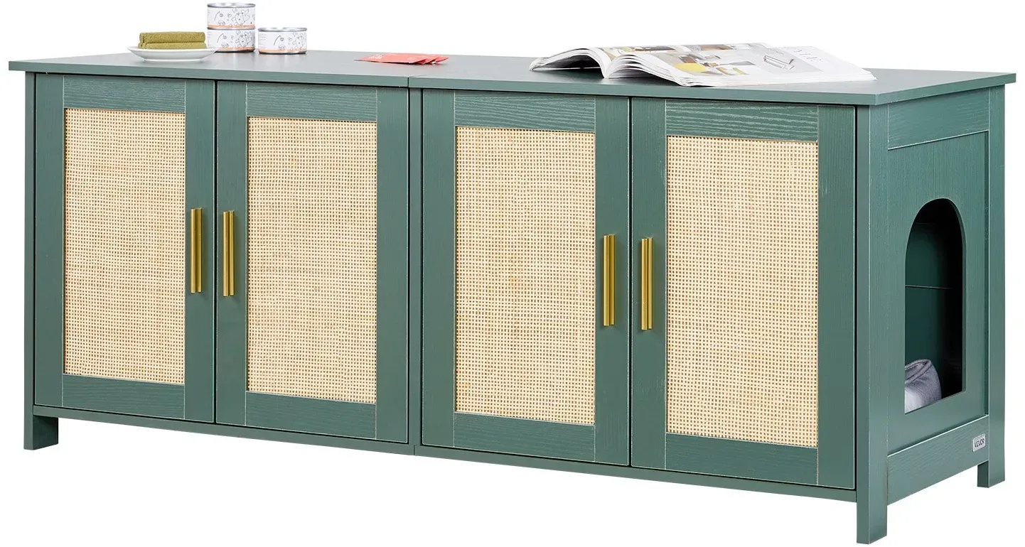 VEVOR Katzenschrank, 1200x450x500 mm, Katzentoilette mit 4 Rattantüren & 2 Eingängen, Katzenklo Schrank für den Innenbereich, Katzenhaus passend für die meisten Katzentoiletten, grün