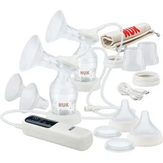 NUK Soft & Easy elektrische Doppel-Milchpumpe | Brustaufsätze aus 100 % Silikon | Klein, leicht und leise | Akku für unterwegs | Brustaufsätze 24 mm & 27 mm | 2x Perfect Match Babyflaschen