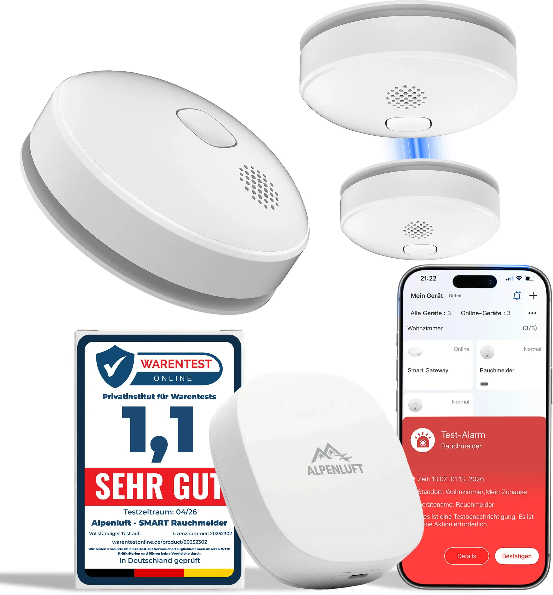 SMART Rauchmelder funkvernetzt - mit Smartphone App - 3x + Gateway