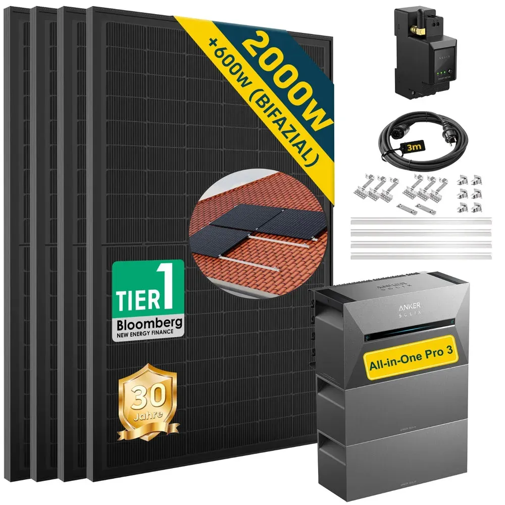ALLDREI Balkonkraftwerk mit Speicher Anker Solix Solarbank 3 E2700 Pro 2,68kWh - 500W x4 / Mit 3x Anker SOLIX BP2700 Erweiterungsakku / Mit Flachdach-Halterung