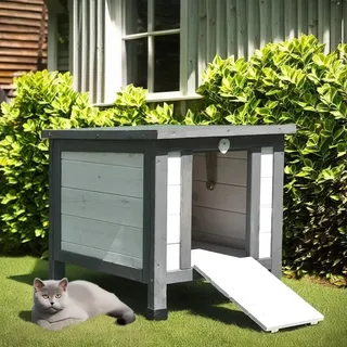 MuCoLa Katzenhaus Weiß/Grau Katzenhütte Outdoor Wurfkiste Holz Katzen Haus